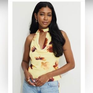 Floral Halter Neck Scarf Top - Yellow